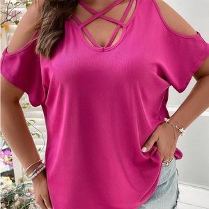 Women's 2023 Summer Plus Size Short Sleeve T-Shirt Criss Cold Shoulder Sleeve T